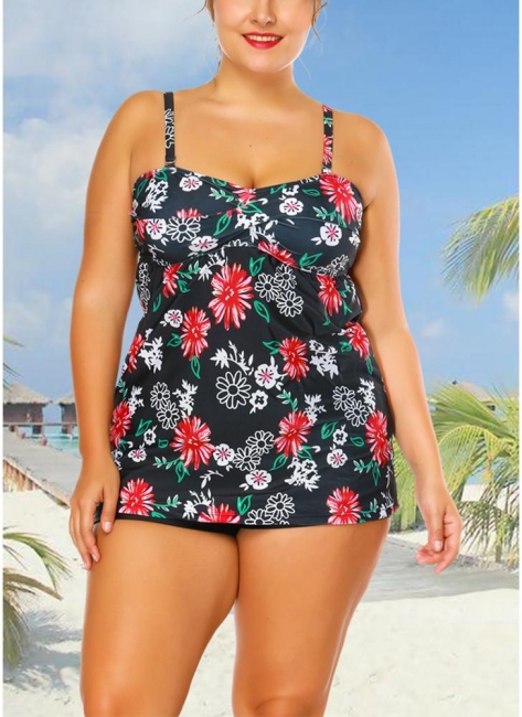 Plus Size Cami Top Boxer Triangle Floral Printed Spaghetti Strap Sleeveless Two Piece Set Swimsuit