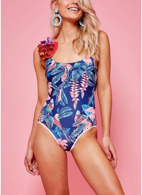 Women One Piece Bathing Suit UK Floral with Leaves Printed High Cut Sexy Backless Mesh Insert Swimsuits UK Rompers Jumpsuit