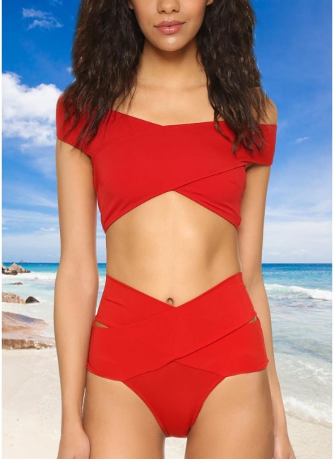 Hot Womens Bikini Set Cross Over Wireless Solid Swimsuits Beach Wear Tank top