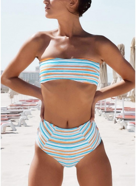Womens Strapless Swimsuit Striped Print Halter Bikini Set Beach Bathing Suit Swimsuit
