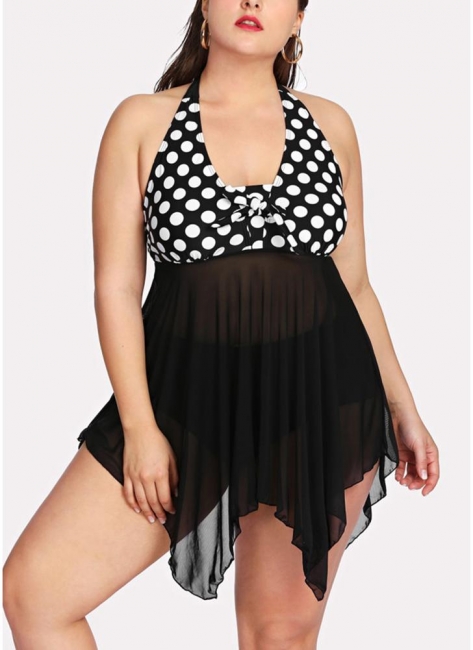 Plus Size Polka Dot Sheer Mesh Halter Neck Backless Sleeveless Swimsuit