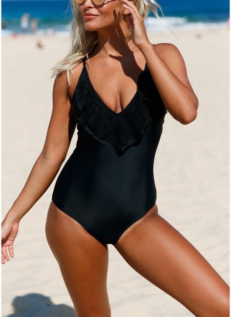 Plunge V Neck Lace Ruffle Bodycon Cross Hollow Out One Piece Bathing Suit UK