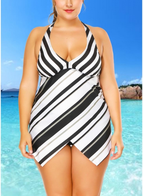Plus Size Striped Print Asymmetrical Hem Bikini Set