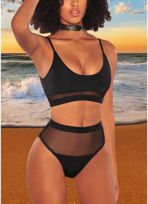 Modern Women Bikini Swimwear Fishnet High Waist Wireless Bathing Suit Swimsuits Two-Piece