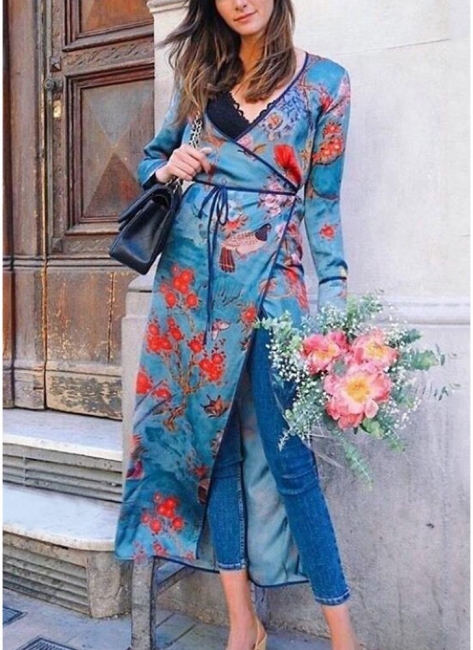 Retro Women Kimono Floral Bird Print V Neck Tied Ethnic Oriental Outerwear