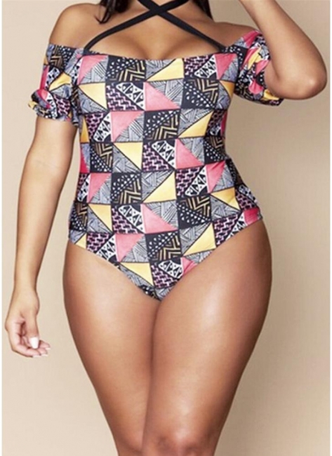 Modern Women Plus Size Swimsuit Geometric Print Halter Short One-Piece Bikini Swimwear