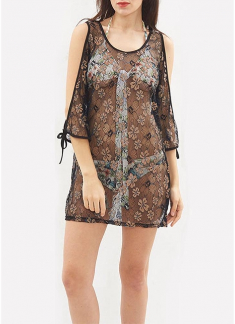 Womens Sheer Floral Lace Beach Cover Up Kaftan Bathing Suit Swimwear Bikini Dress