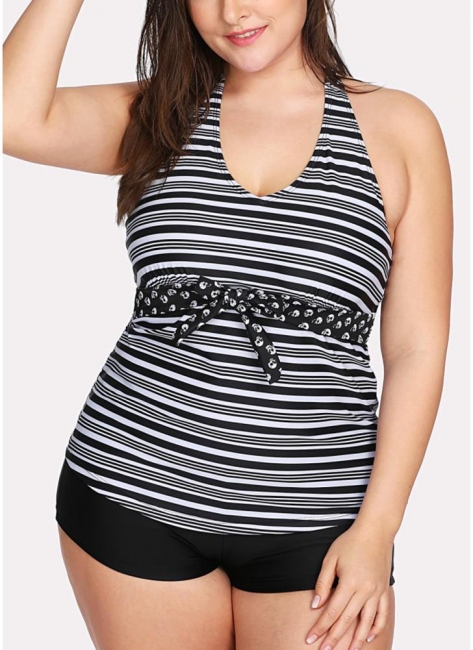 Modern Women Plus Size Swimsuit Halter Striped Print Backless Two-Piece Bikini Swimwear