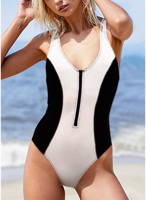 Hot Women Black White Monokini Solid Hatler Front Zip Sexy Backless Bathing Suit UK