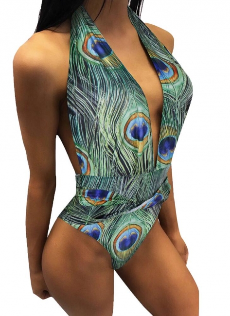 Print Halter Swimsuit Plugging V Neck Sleeveless Sexy Open Back One Piece Bathing Suit