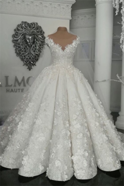 Sheer Tulle Flowers Wedding Dresses with Beading 2019 Sleeveless Crystal Bridal Gowns Online