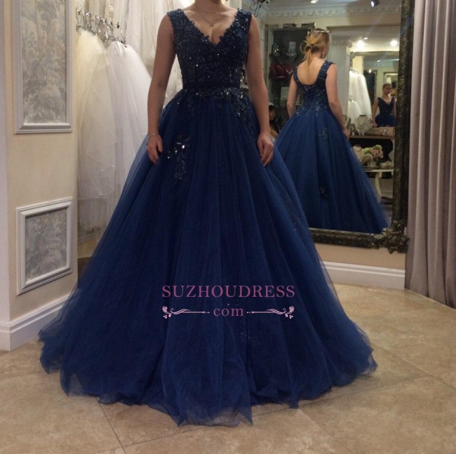 Floor Length Applique  Plus Size Prom Dress Tulle A-line V-neck Beading Evening Dress BA5493