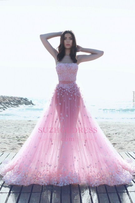 Strapless Glamorous Pink Evening Gowns  Flowers Appliques A-Line Tulle Prom Dresses
