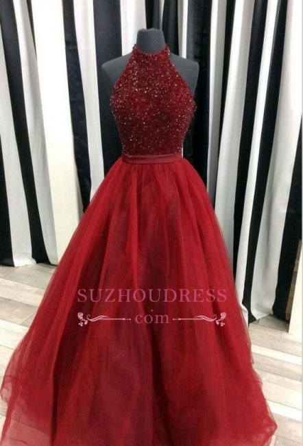 Sleeveless Beads Tulle Evening Dress Halter  A-line Modest Prom Dress SP0312