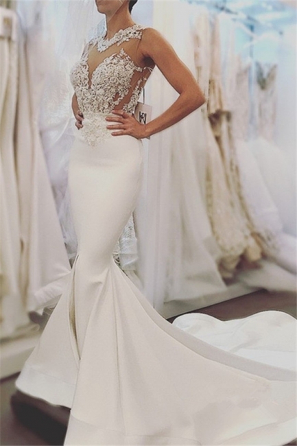 Elegant Mermaid Sleeveless Wedding Dresses  |  Open Back Lace Wedding Dress Online