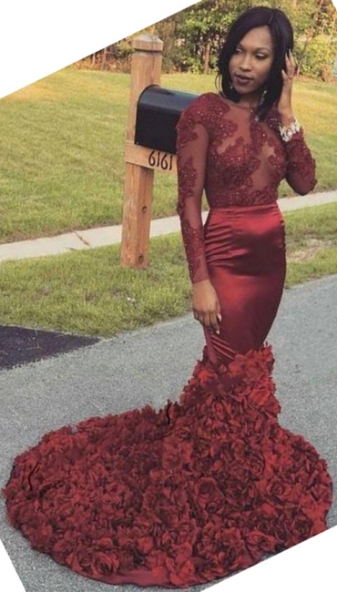 Elegant Open back Red Marmaid Prom Dress  Long Sleeve Court Train with Flowers Evening Party Gown BA5015