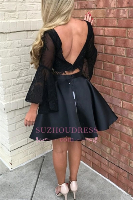 Short Black Open-back Newest Tulle Two-pieces long-sleeve Homecoming Dress