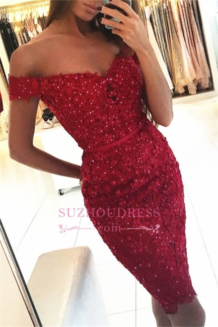 Sexy Cocktail Dress   Appliques Beadings Short Off The Shoulder Red Sheath Homecoming Dress BA6399