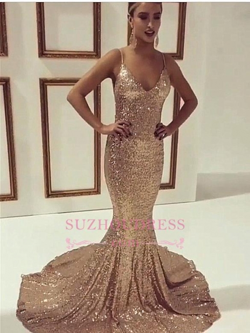 Mermaid Sleeveless Simple Sequined Spaghetti-Straps Prom Dress BA4651