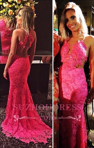 Sexy Sleeveless Open-Back Lace Mermaid Red Prom Dresses