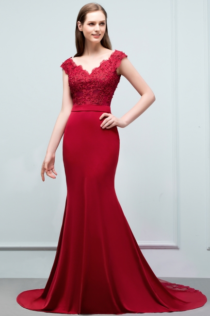 Elegant V-Neck Mermaid Prom Dresses  Appliques Sleeveless Evening Dresses