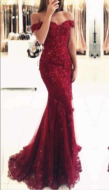 Glamorous Mermaid Lace Prom Dress  Off-the-shoulder Red Appliques Evening Dress