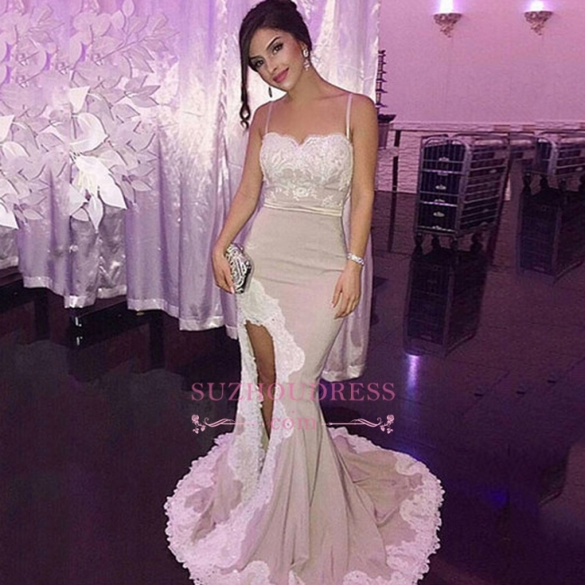 Mermaid Appliques Lace Glamorous Spaghetti Straps Evening Gown Sexy  Side Slit Prom Dress