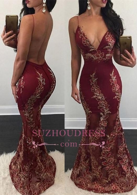Mermaid Appliques Evening Gown  Sweep Train Sexy V-Neck Backless Prom Dress