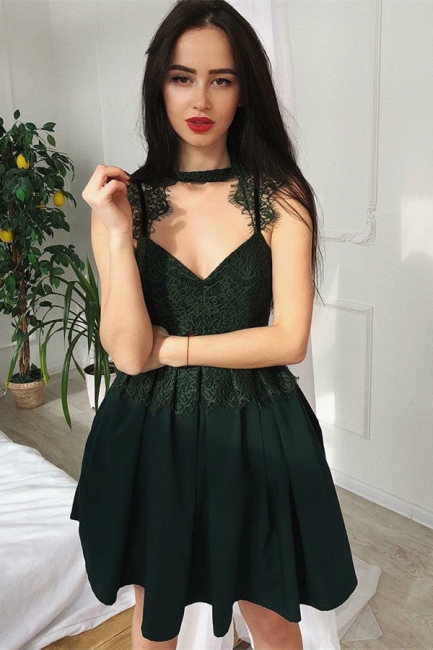 Green A-Line V-Neck Short Homecoming Dress |  Lace Sleeveless Homecoming Dresses