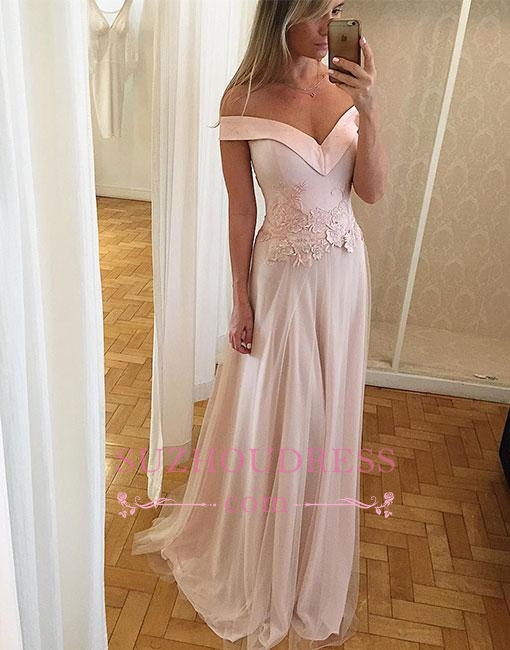 Unique Long Light-pink Lace Off-the-shoulder Formal Dress