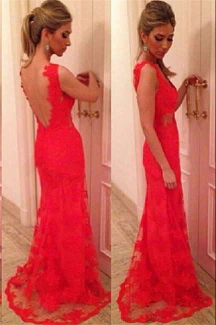 V Neck Red Lace Evening Dresses Sweep Train Backless Glorious  Prom Gowns