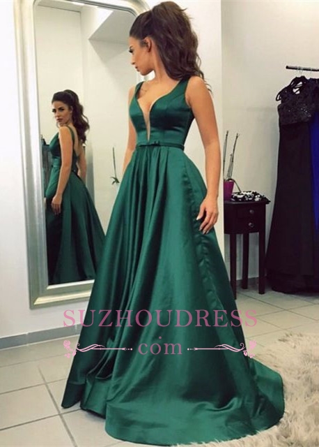 Newest Green Sleeveless V-neck A-line Backless Prom Dress