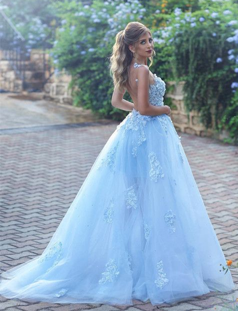 Elegant A-line Baby Blue Sheer Tulle Prom Dresses  Appliques Sleeveless Evening Gowns