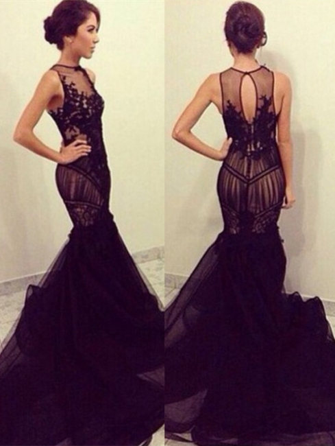 Sexy Black Lace Mermaid Evening Party Dresses Illusion Tulle   Prom Dress