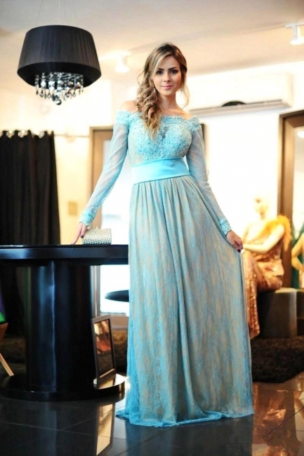 Empire Off the Shoulder Long Sleeve Prom Dress A-Line Zipper Lace Party Dresses AE0112