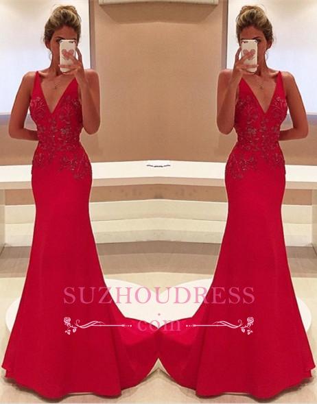 Red Two Straps V-Neckline Sleeveless With Appliques Long Prom Dress