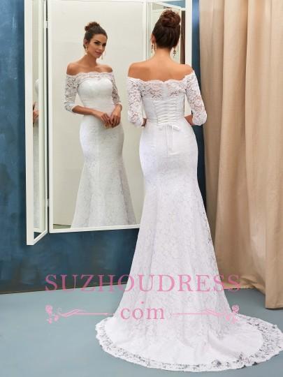 Half Sleeves Bride Dress Lace Simple Sweep Train Off-the-shoulder Lace-up Sheath Column Wedding Dress