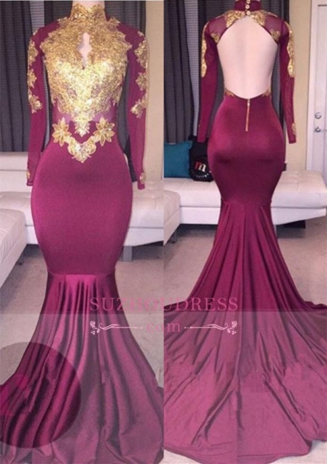 Gold Appliques High Neck Maroon Evening Gowns  Long Sleeves Backless Elegant Prom Dresses BA4987