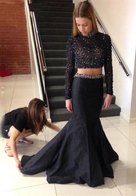 Black High Neck Beading Prom Dress  Mermaid Long Sleeve Two Piece Evening Gowns AE0113