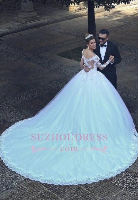 Puffy Tulle Ball Gown Bride Dress Appliques Long Sleeves Lace Elegant Long Train Wedding Dresses