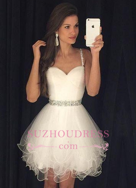 White Short Spaghetti Straps Homecoming Dresses | A-Line Beading Tulle  Hoco Dresses