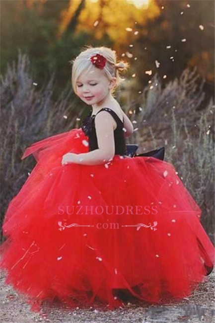 Black Appliques Red Tulle Puffy  Flowers Girl Dress