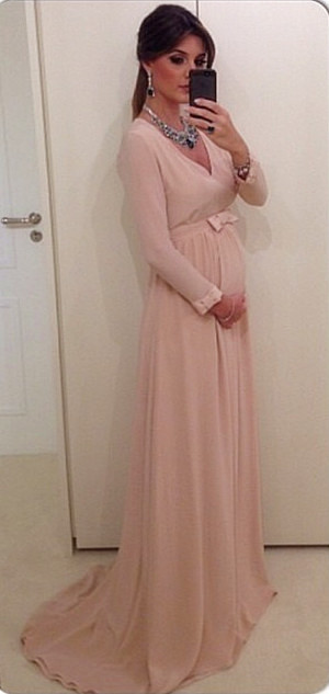 Chiffon Long Sleeve V-Neck  Maternity Dresses Sweep Train Plus Size Custom Inexpensive Baby Shower Dresses