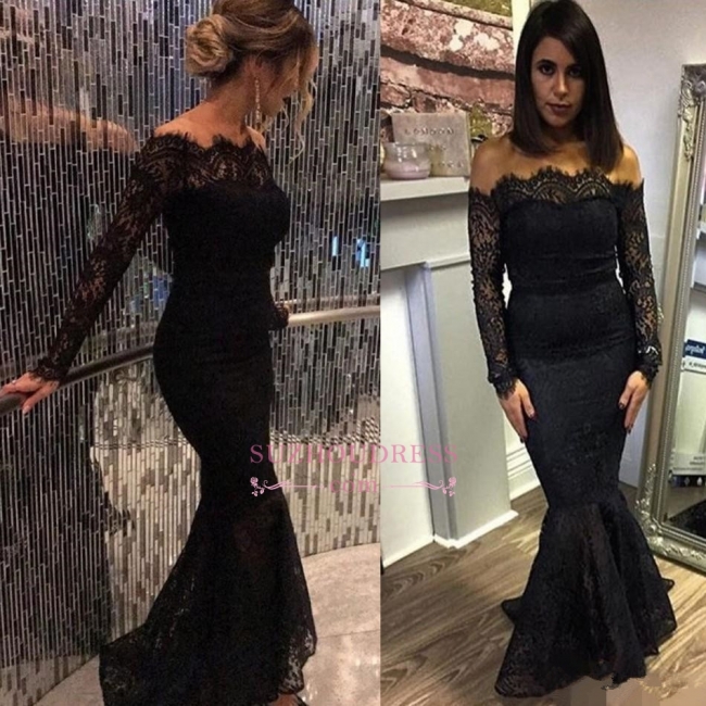 Elegant Off-shoulder Long Sleeves Evening Dresses | Black Lace Mermaid Prom Dress