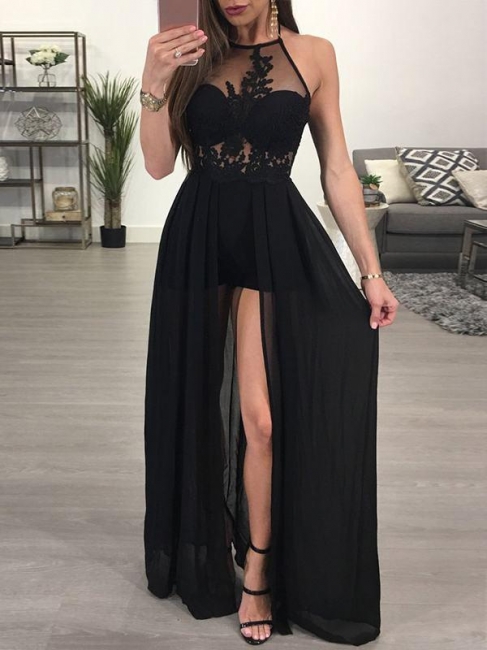 A-Line Black Prom Dresses Halter Appliques Floor Length Evening Gowns