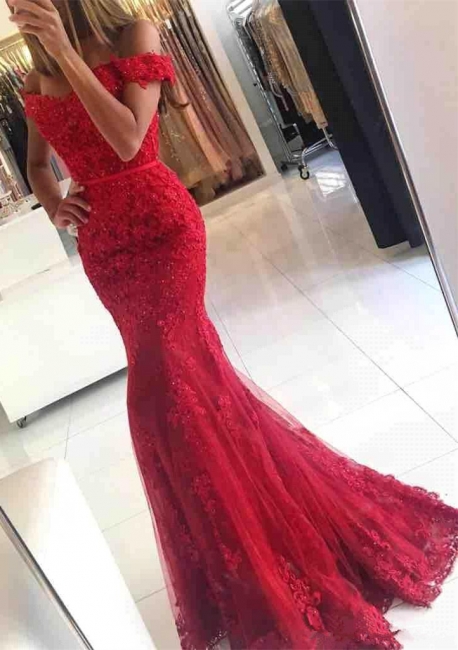 Glamorous Mermaid Lace Prom Dress  Off-the-shoulder Red Appliques Evening Dress