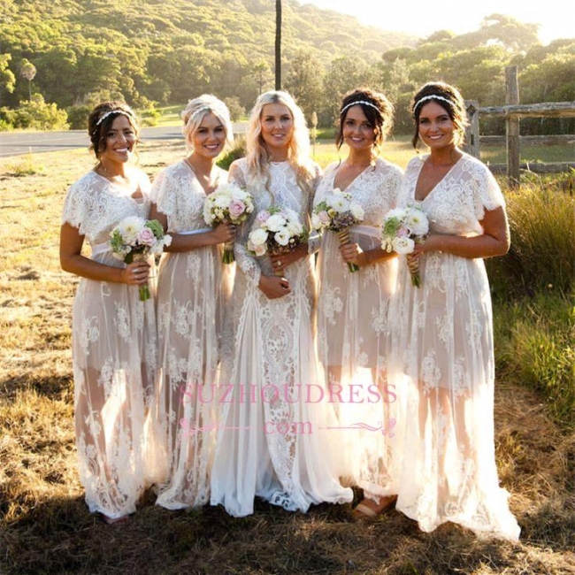 Elegant Capped-Sleeves Long V-Neck Lace Sheer Bridesmaid Dresses