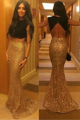 Gorgeous Mermaid Separate Evening Dresses Jewel Sweep Train Sequined Prom Gowns