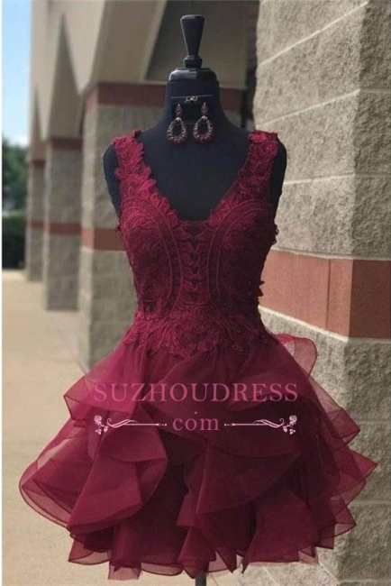 Modest Short Lace Straps Sleeveless Ruffles Homecoming Dress SP0424