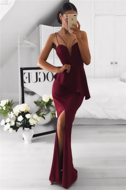 Spaghetti Straps Sexy Burgundy Formal Dresses  Front Slit  Evening Dress